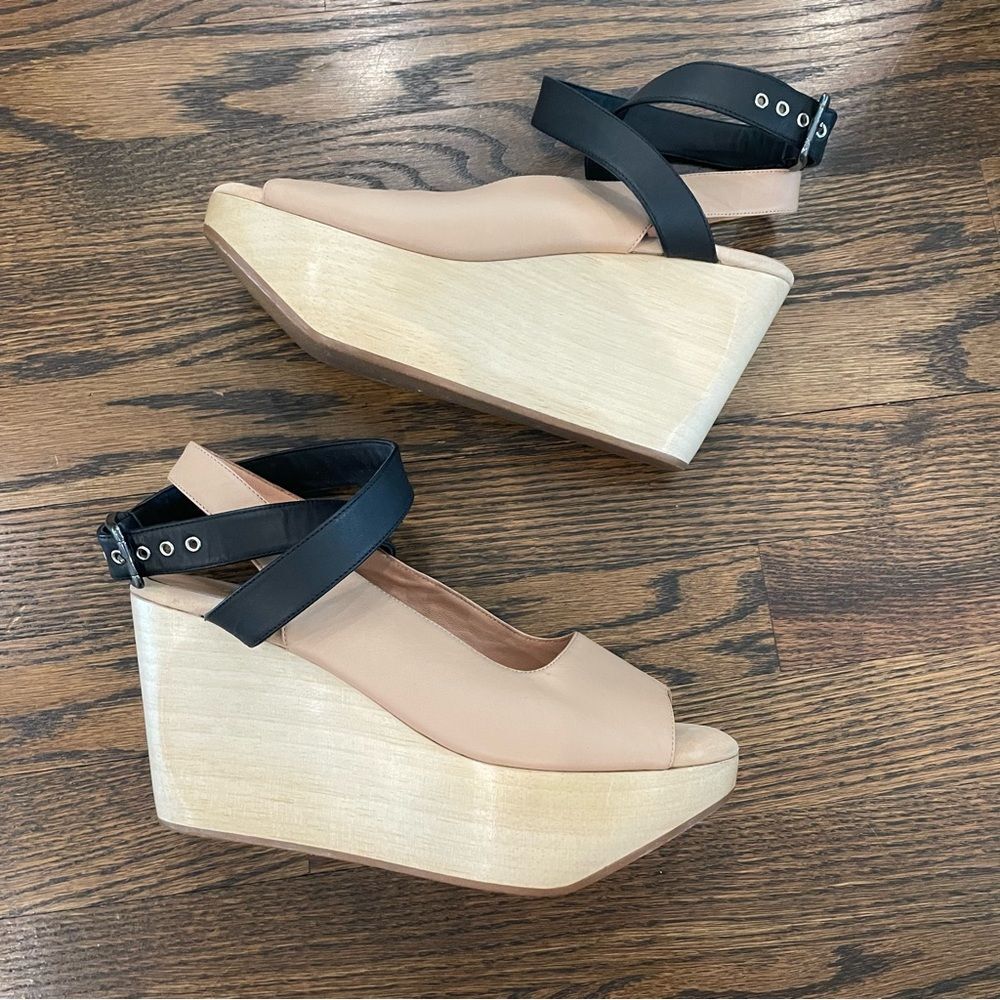 RACHEL COMEY Ceres Wedge Sandals Tan & Black Leather Wrap Around Ankle Strap - Picture 3 of 9